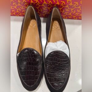 Tory Burch Women's Croc-Embossed Brown Loafers